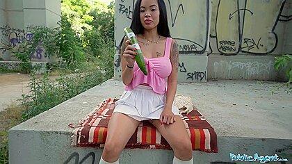 Asian Hottie Lets Him Insert A Cucumber